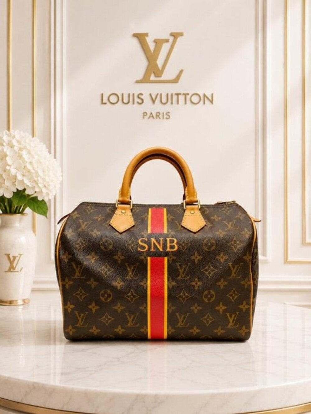 Authentic Louis Vuitton Mon Monogram Speedy 30 Canvas Bag Red Stripe SNB Initial